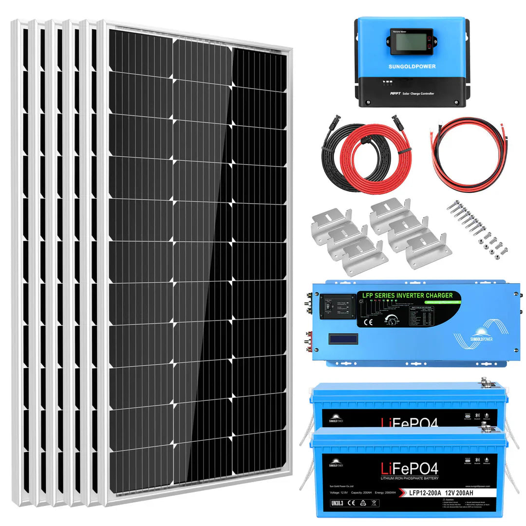 Off-Grid Solar Kit 3000W 12VDC 120V with LiFePO4 Battery and 2 × 300W Solar Panels – SungoldPower SGK-PRO3