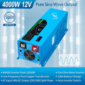SungoldPower 4000W 12V Split Phase Pure Sine Wave Inverter Charger – Low Frequency, Peak 12000W
