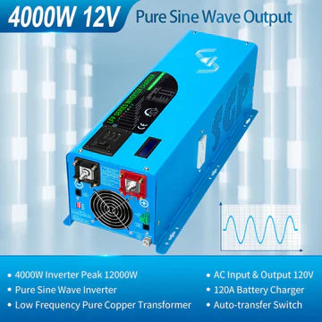 SungoldPower 4000W 12V Pure Sine Wave Inverter Charger – Low Frequency, Peak 12000W