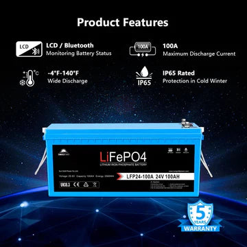 SungoldPower 24V 100AH LiFePO4 Deep Cycle Lithium Battery – Bluetooth, Self-Heating, IP65