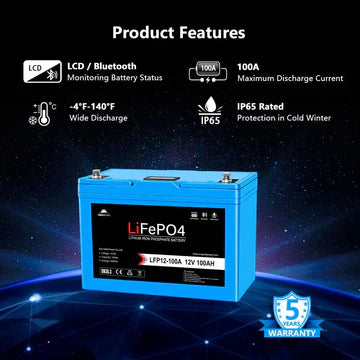 SungoldPower 12V 100AH LiFePO4 Deep Cycle Lithium Battery – Bluetooth, Self-Heating, IP65