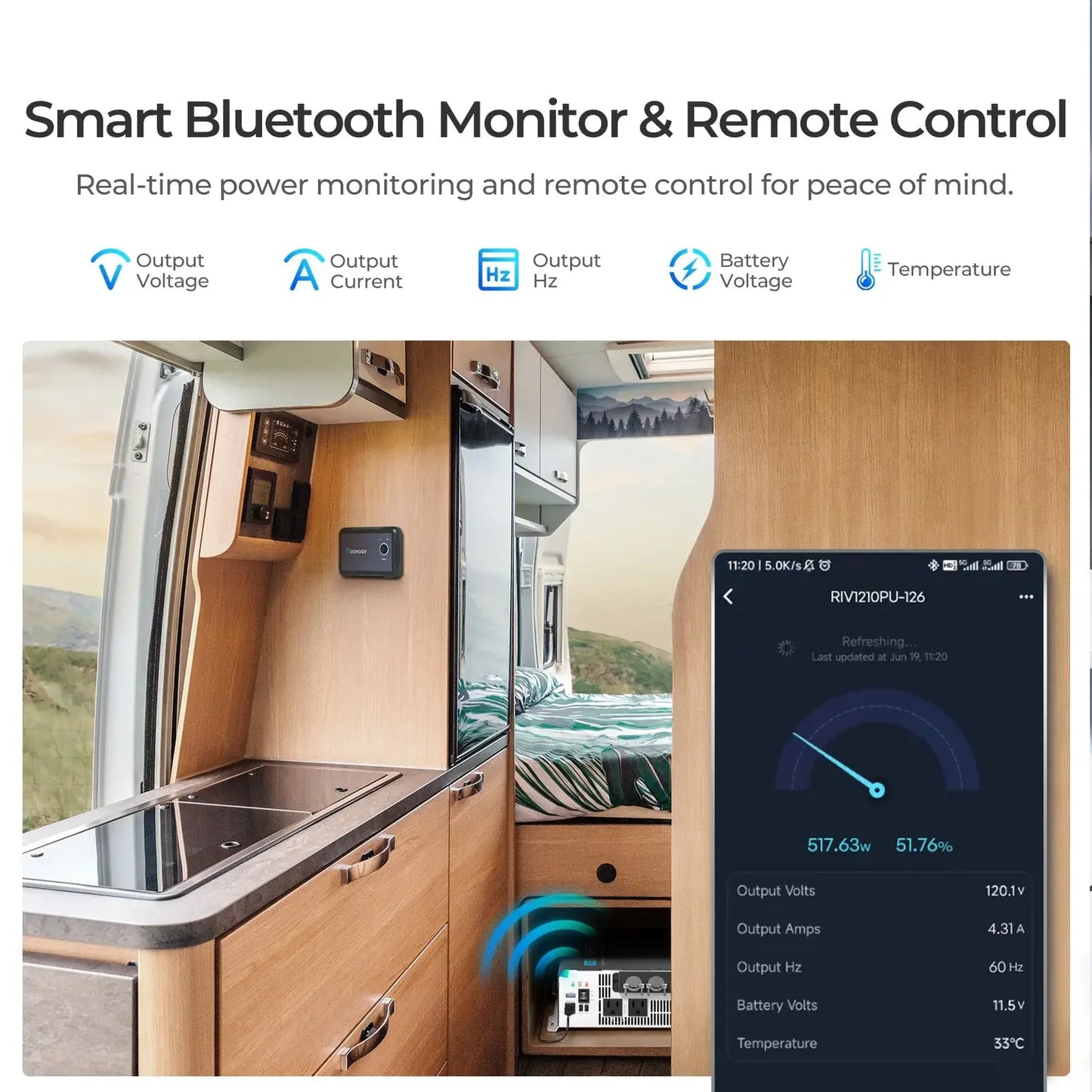 Renogy 1000W 12V Pure Sine Wave Inverter with UPS Transfer Switch and Built-in Bluetooth