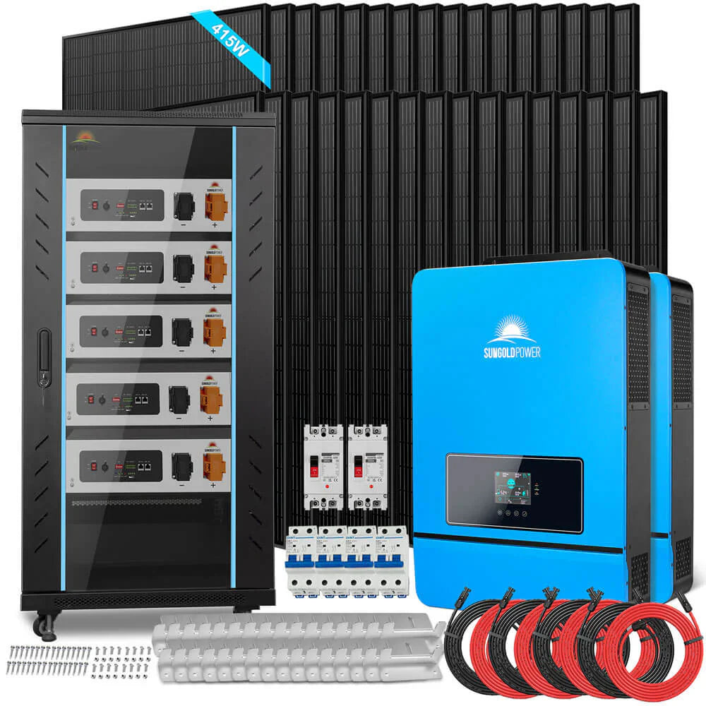 SungoldPower 16KW Off-Grid Solar Kit, 48VDC 120/240V Split Phase, 25.6KWh LiFePO4 Battery, 32×415W Panels, SGR-16K25E
