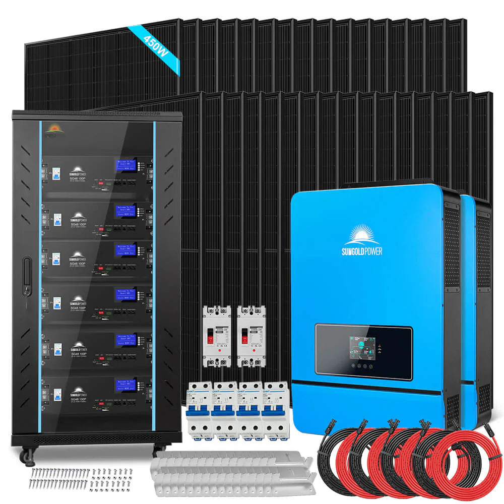 SungoldPower 20KW Off-Grid Solar Kit, 48VDC 120/240V Split Phase, 30.72KWh LiFePO4 Battery, 32×450W Panels, SGR-20K30E