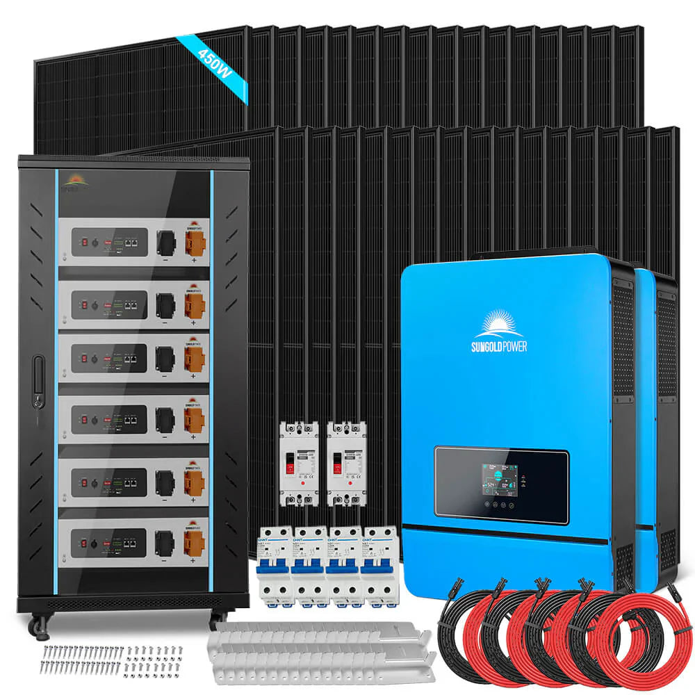 SungoldPower 20KW Off-Grid Solar Kit, 48VDC 120/240V Split Phase, 30.72KWh LiFePO4 Battery, 32×450W Panels, SGR-20K30E