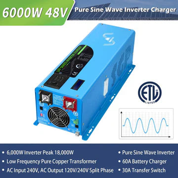 SungoldPower 6000W 24V / 48V Split Phase Pure Sine Wave Inverter with Charger – UL1741 Listed, Battery Bundle Options