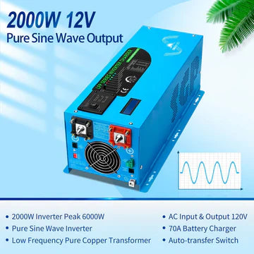 SungoldPower 2000W 12V Pure Sine Wave Inverter Charger – Low Frequency, Peak 6000W