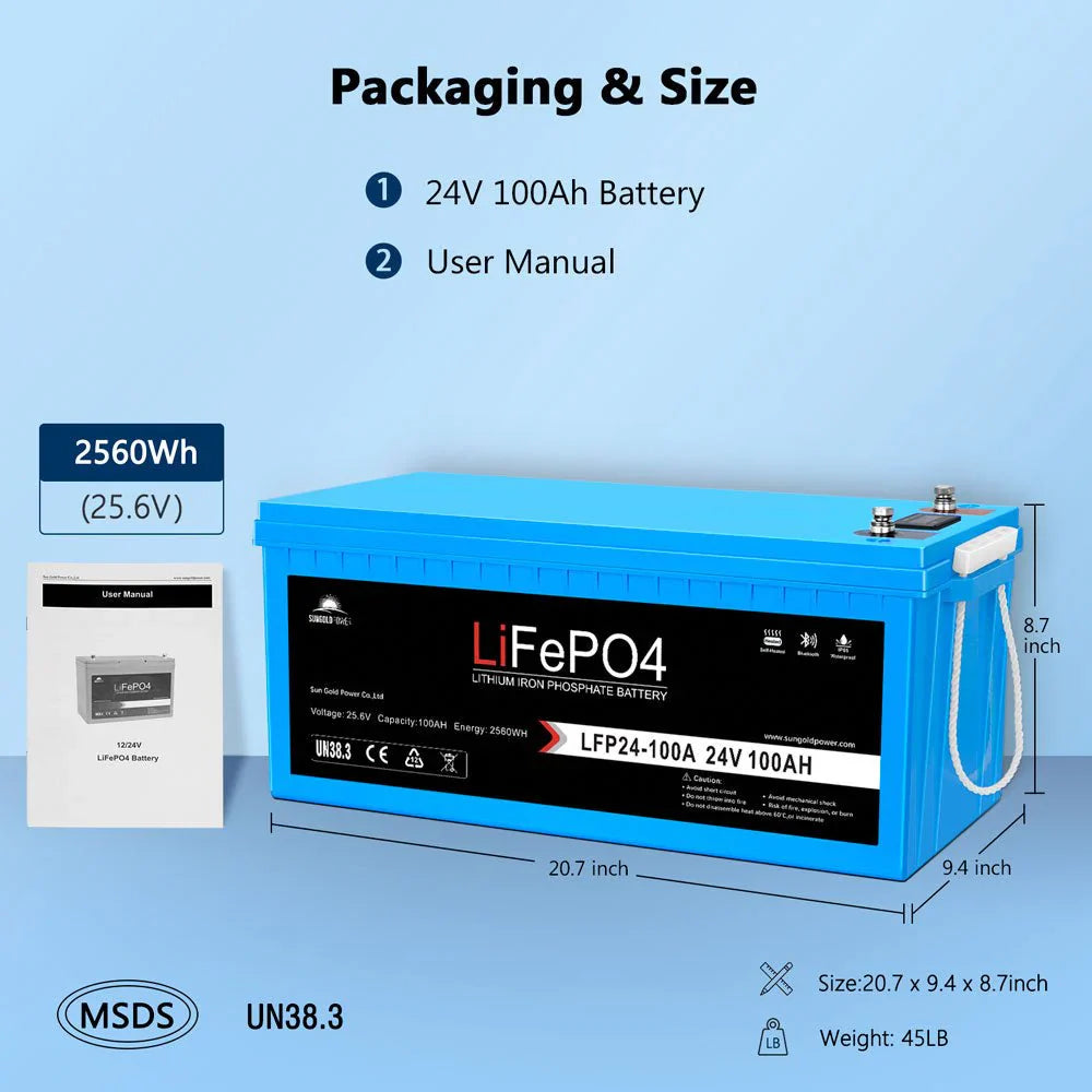 SungoldPower 24V 100AH LiFePO4 Deep Cycle Lithium Battery – Bluetooth, Self-Heating, IP65
