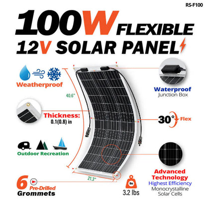 Rich Solar MEGA 100W FLEX Flexible Solar Panel – Lightweight 12V Monocrystalline for Vans, Boats, Trailers