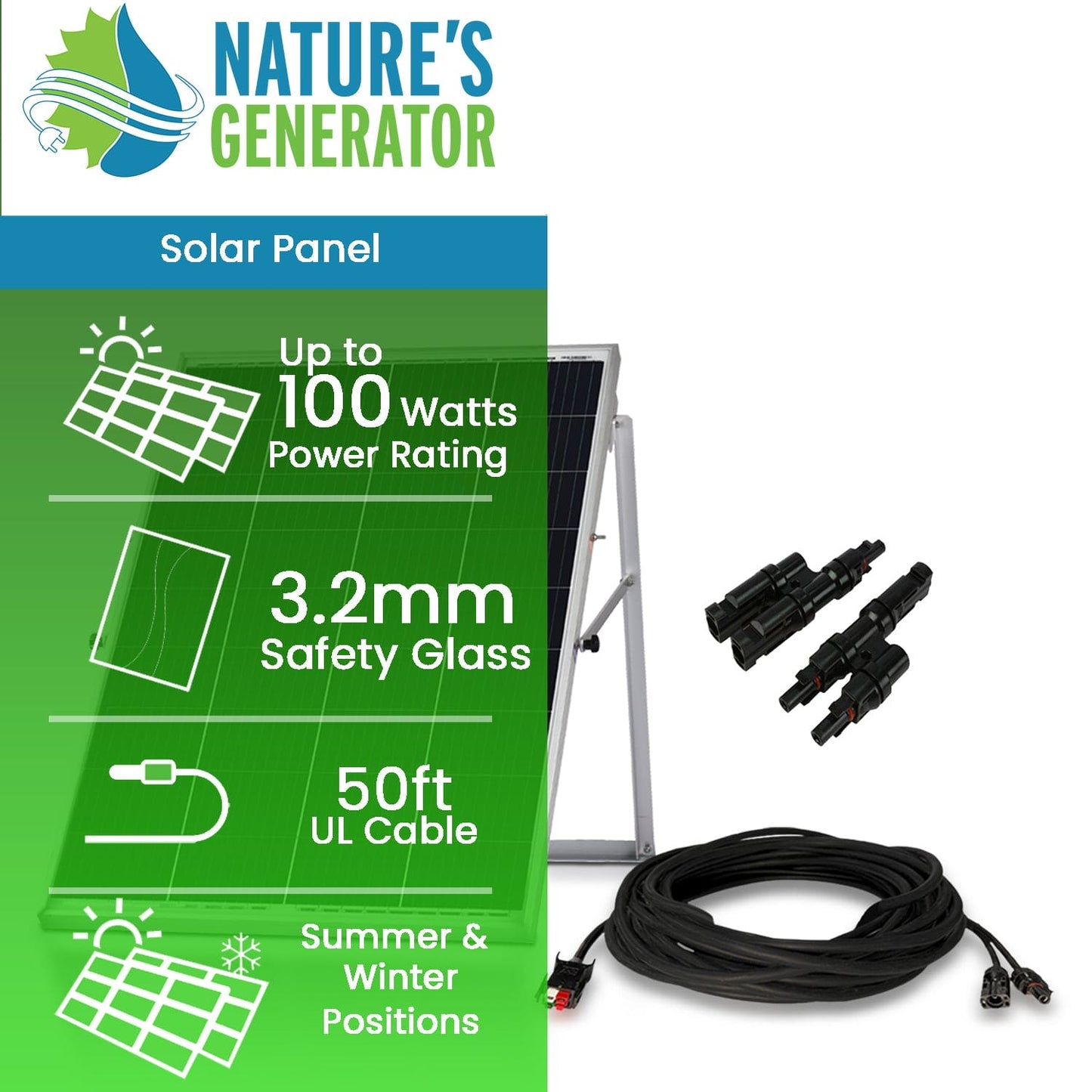 Nature’s Generator Power Panel Kit – 100W Solar Panel with 50-Foot Cable & MC4 Branch Connector