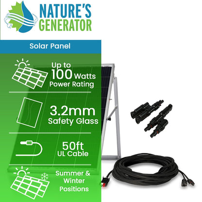 Nature’s Generator Power Panel Kit – 100W Solar Panel with 50-Foot Cable & MC4 Branch Connector