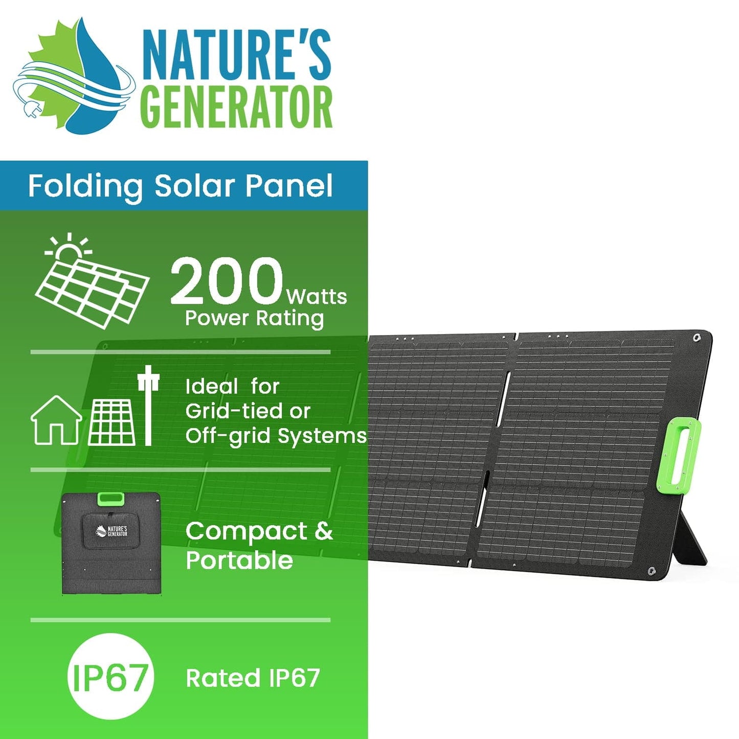 Nature’s Generator 200W Folding Solar Panel – Portable Monocrystalline Charger with Kickstand & MC4 Cable