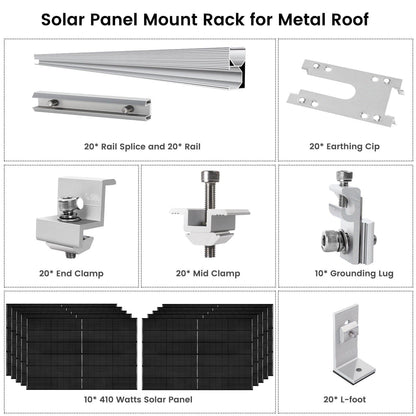 410 Watt Monocrystalline Solar Panel (10 Pack) with Roof Mount Rack