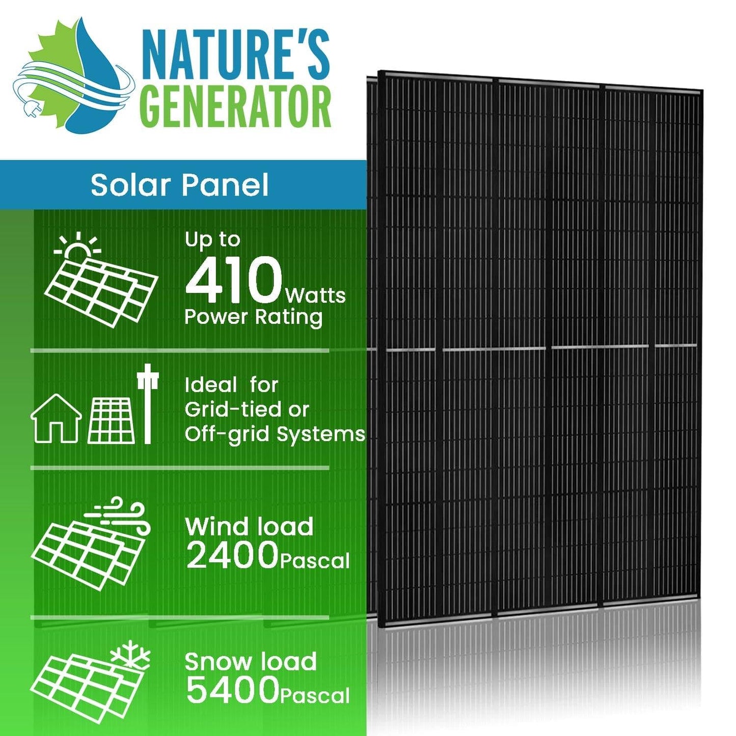 Nature’s Generator Solar Panel Kit – 4x 410W Monocrystalline Panels with Mounting Hardware & MC4 Cables