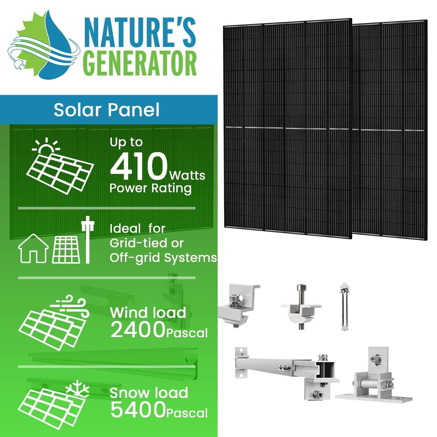 410 Watt Monocrystalline Solar Panel (4 Pack) with Roof Mount Rack