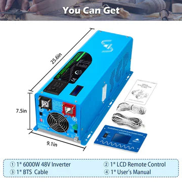 SungoldPower 6000W 24V / 48V Split Phase Pure Sine Wave Inverter with Charger – UL1741 Listed, Battery Bundle Options