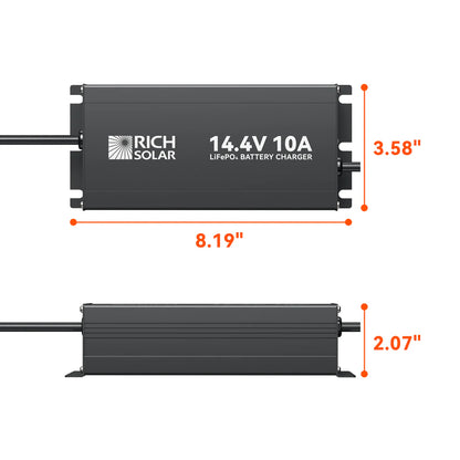 Rich Solar 12V (14.4V) 10A LiFePO4 Battery Charger 100–240VAC Smart Protection