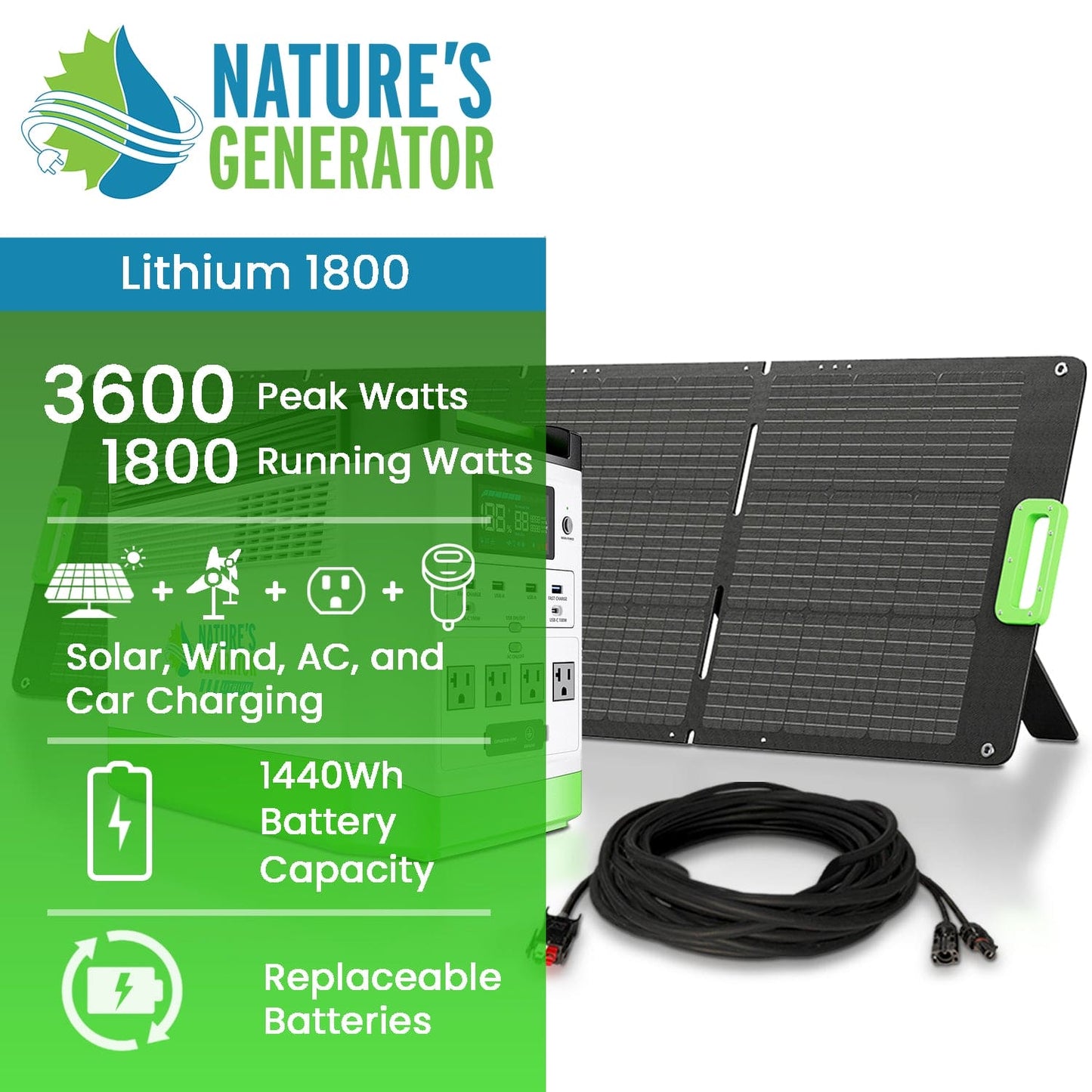 Nature’s Generator Lithium 1800 Solar Generator – 1800W Portable Power Station with LiFePO4 Battery