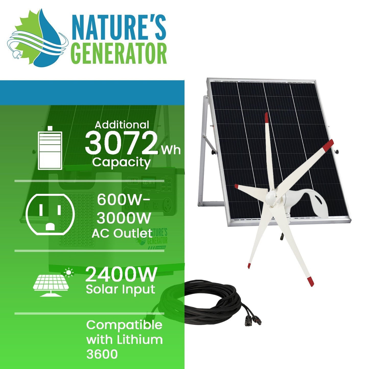 Nature’s Generator Lithium 3600 Series – Solar & Wind Generator Kits with LiFePO4 Battery, Panels & Turbine