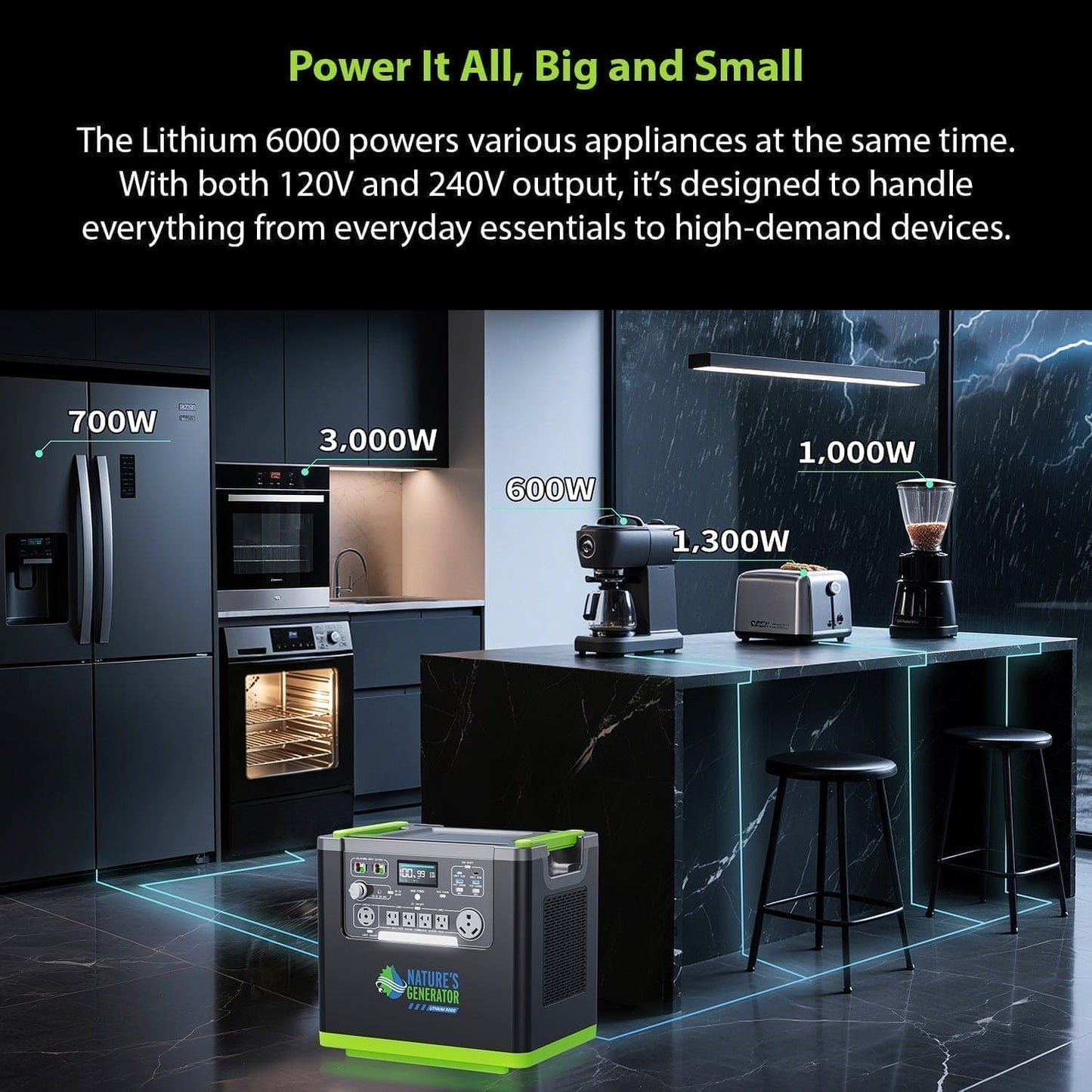 Nature’s Generator Lithium 6000 Series – 6000W Solar & Wind Generator Kits with Rigid Panels and Power Pod Options