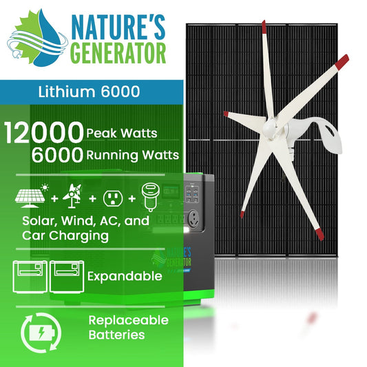 Nature’s Generator Lithium 6000 Series – 6000W Solar & Wind Generator Kits with Rigid Panels and Power Pod Options
