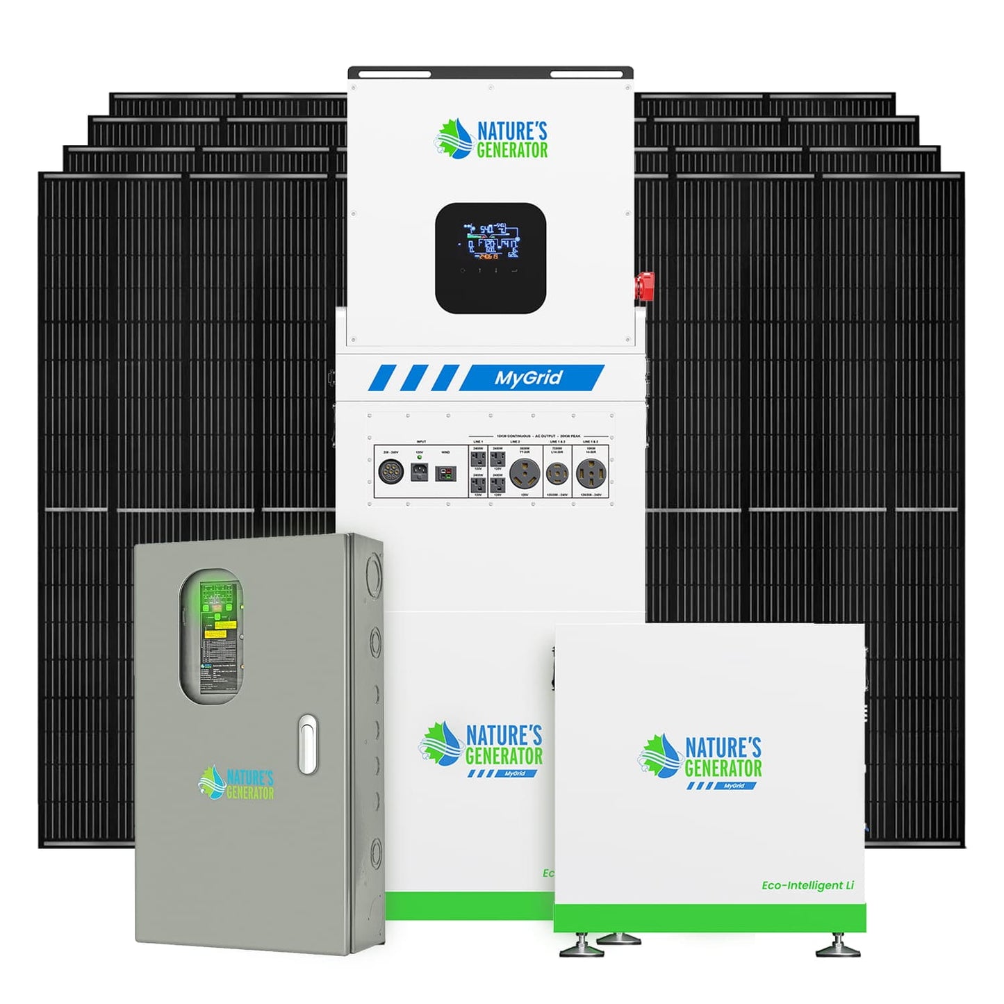 Nature’s Generator MyGrid 10K Series – 10KW House Battery Backup Kits with 50A Automatic Transfer Switch & Solar Options