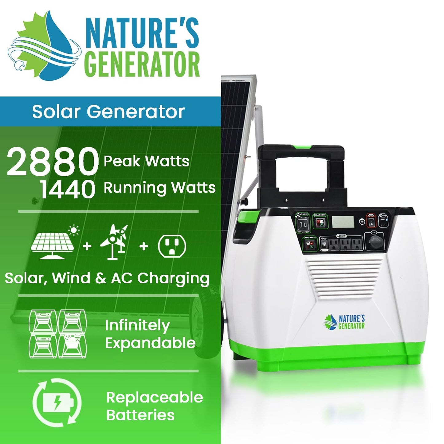 Nature’s Generator Gold System – 1800W Solar Generator Kit with 100W Panel & Cart