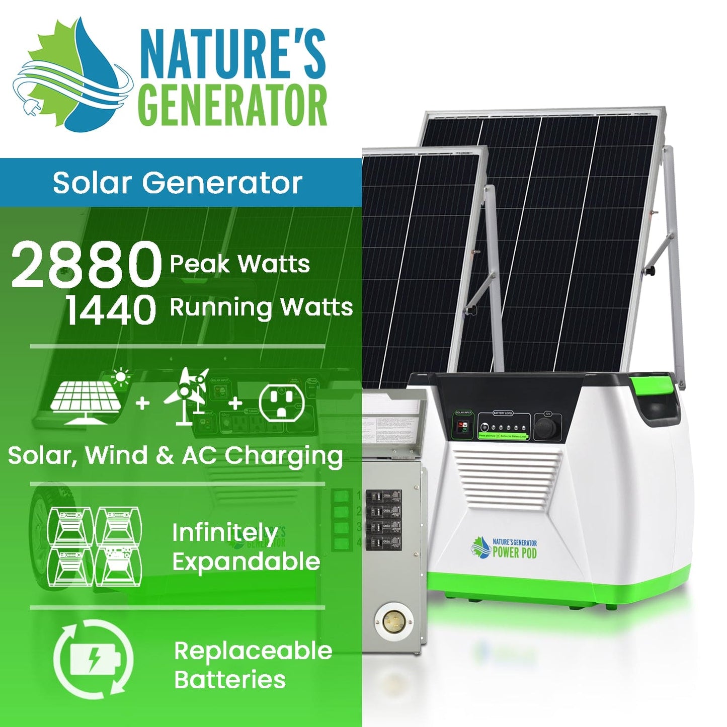 Nature’s Generator Platinum – WE System, 1800W Solar Generator with 2x Power Pods, 100W Panel, Wind Turbine