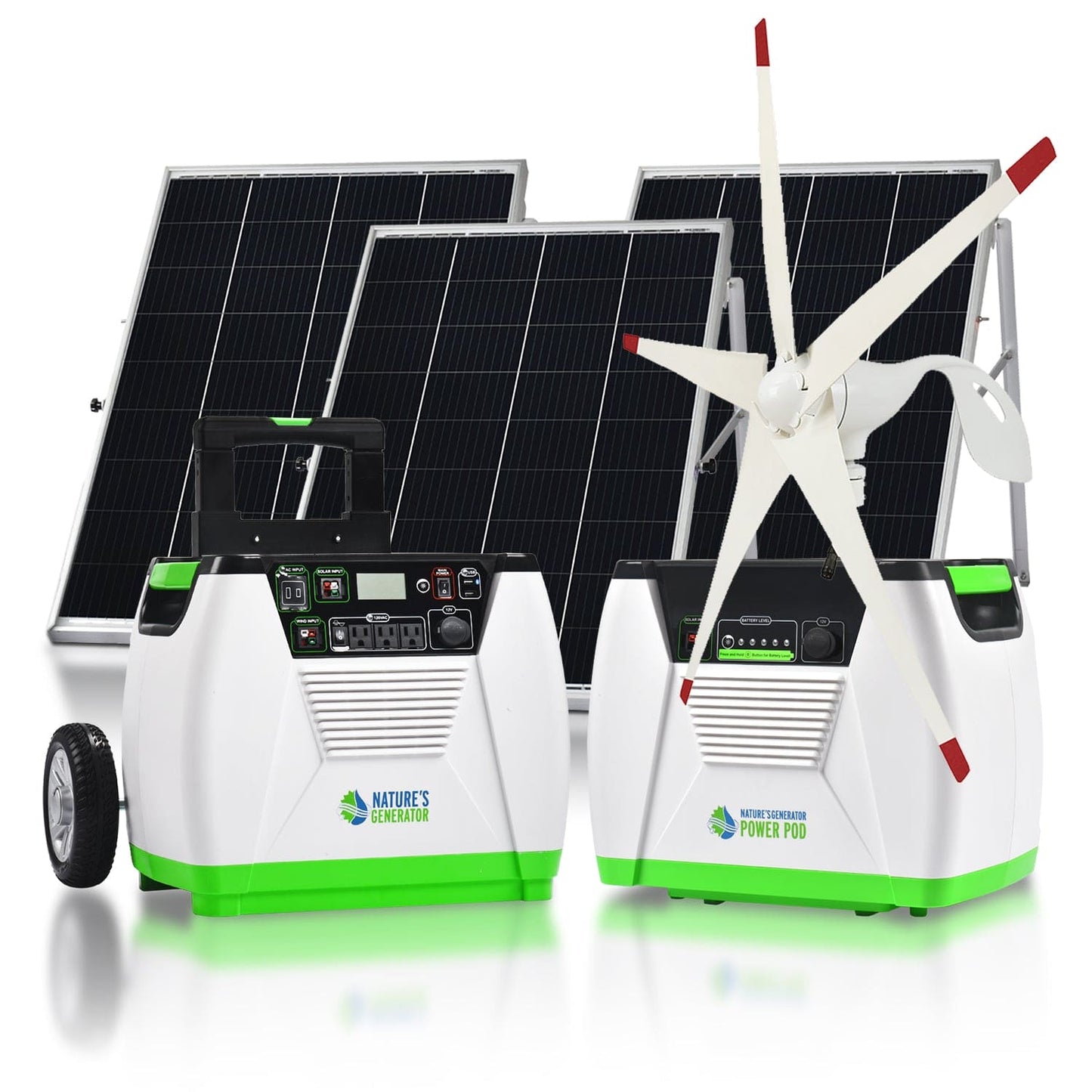 Nature’s Generator Platinum – WE System, 1800W Solar Generator with 2x Power Pods, 100W Panel, Wind Turbine