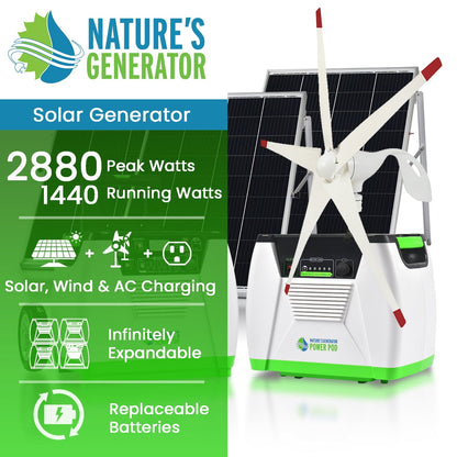 Nature’s Generator Platinum – WE System, 1800W Solar Generator with 2x Power Pods, 100W Panel, Wind Turbine