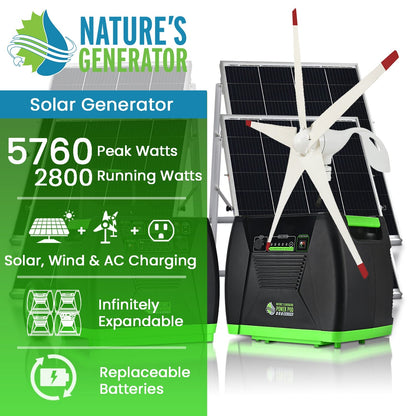 Nature's Generator Elite Platinum WE System, 3600W Solar Generator, 2x Power Pods, 100W Panel, Wind Turbine