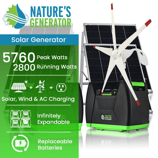Nature's Generator Elite Platinum WE System, 3600W Solar Generator, 2x Power Pods, 100W Panel, Wind Turbine