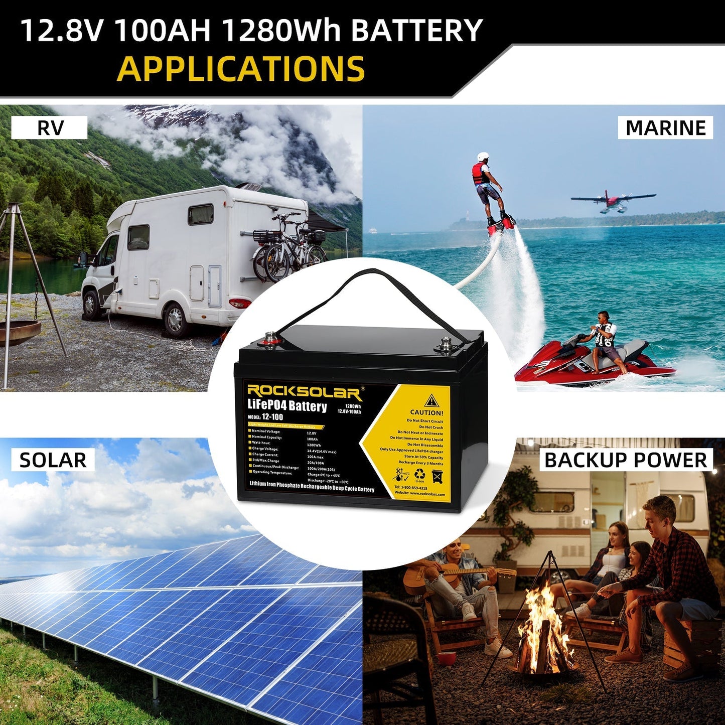 ROCKSOLAR 12.8V 100Ah Deep Cycle LiFePO4 Battery – Ultra-Long Life Power for Solar, RV & Marine Systems