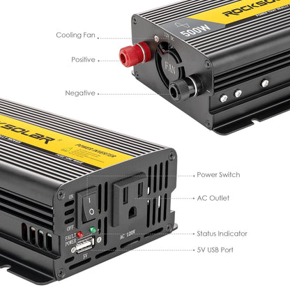 ROCKSOLAR 500W 12V Pure Sine Wave Power Inverter – Compact AC Converter for Off-Grid Use