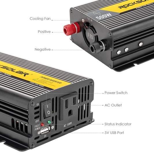 ROCKSOLAR 500W 12V Pure Sine Wave Power Inverter – Compact AC Converter for Off-Grid Use