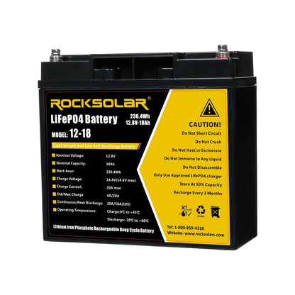 ROCKSOLAR 12V 18Ah Deep Cycle LiFePO4 Battery – Lightweight Solar & Backup Power