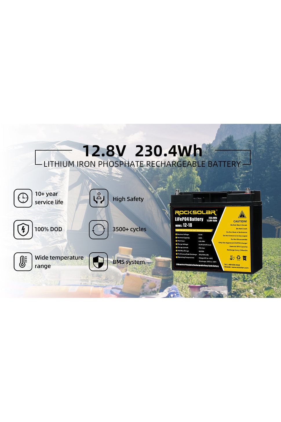 ROCKSOLAR 12V 18Ah Deep Cycle LiFePO4 Battery – Lightweight Solar & Backup Power