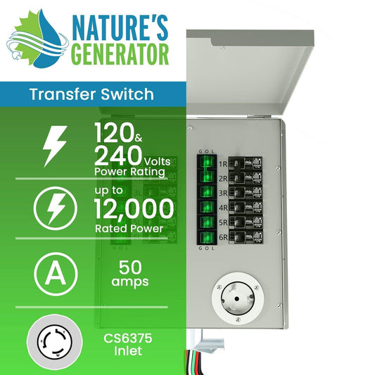 Nature’s Generator 12-Circuit 50A Non-Automatic Transfer Switch – 120/240V Indoor Backup Power Panel