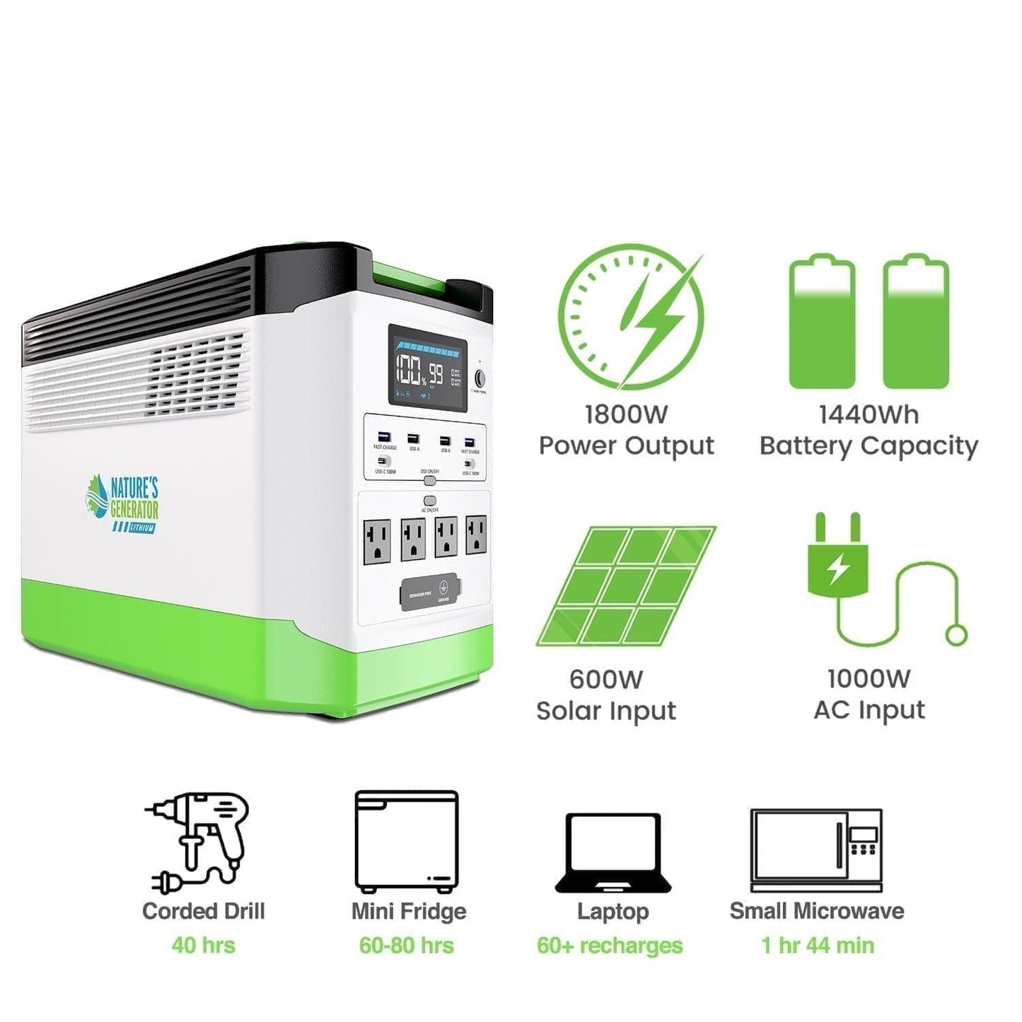 Nature’s Generator Lithium 1800 Power Station, 1800W Solar Generator with LiFePO₄ Battery