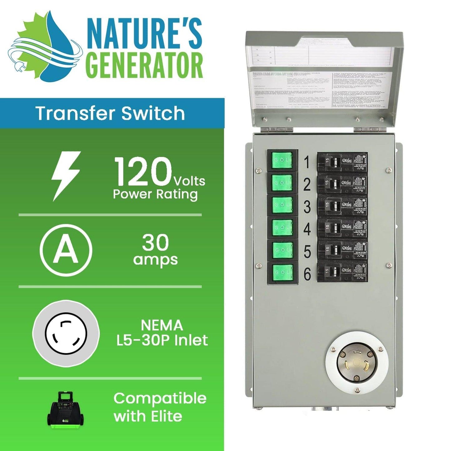 Nature’s Generator Power Transfer Switch Kit – Elite 6-Circuit 30A Manual Transfer Switch with Inlet Box and 10ft Cable