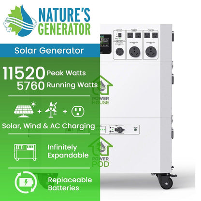 Nature’s Generator Powerhouse + Power Pod – 7200W Whole House Solar Generator with 9600Wh AGM Battery