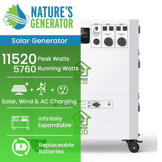 Nature’s Generator Powerhouse + Power Pod – 7200W Whole House Solar Generator with 9600Wh AGM Battery