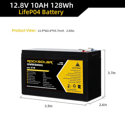 ROCKSOLAR 12V 10Ah Deep Cycle LiFePO4 Battery – Lightweight Backup for Solar & Mobile Power