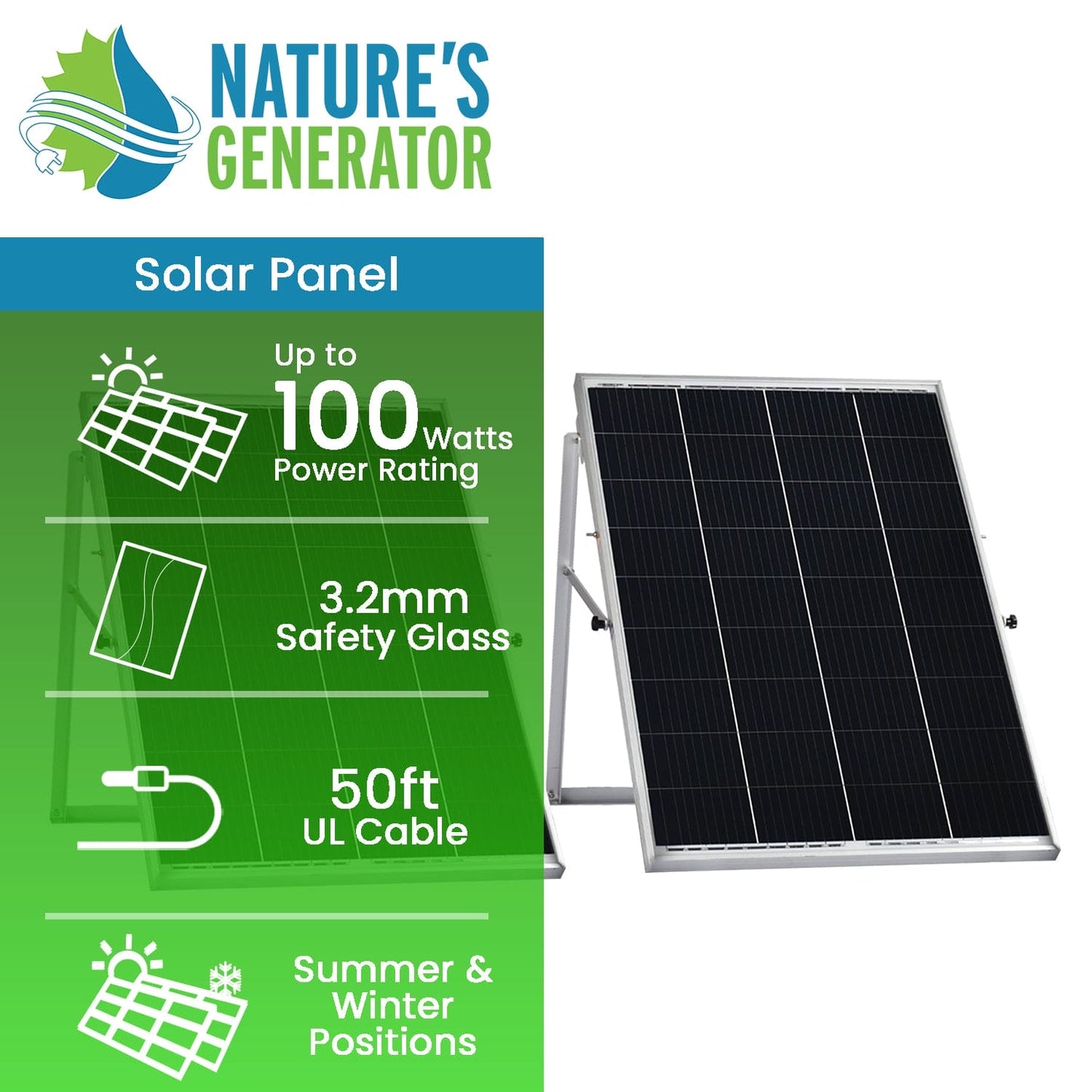 Nature’s Generator Power Panel – 2x 100W Solar Panel Kit with Wheeled Frames & 50-Foot Cables