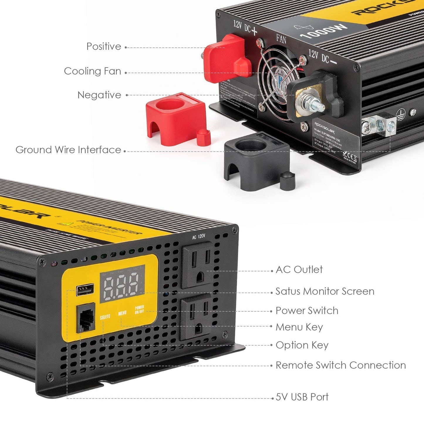 ROCKSOLAR 1000W 12V Pure Sine Wave Inverter – Remote-Controlled AC Converter for Off-Grid Powe
